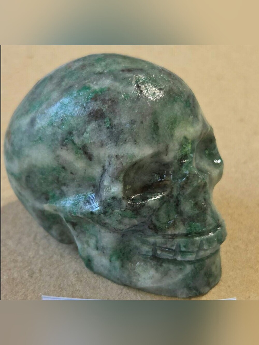 Detailed Moss Agate Crystal Carved Skull Stone Sculpture Decor